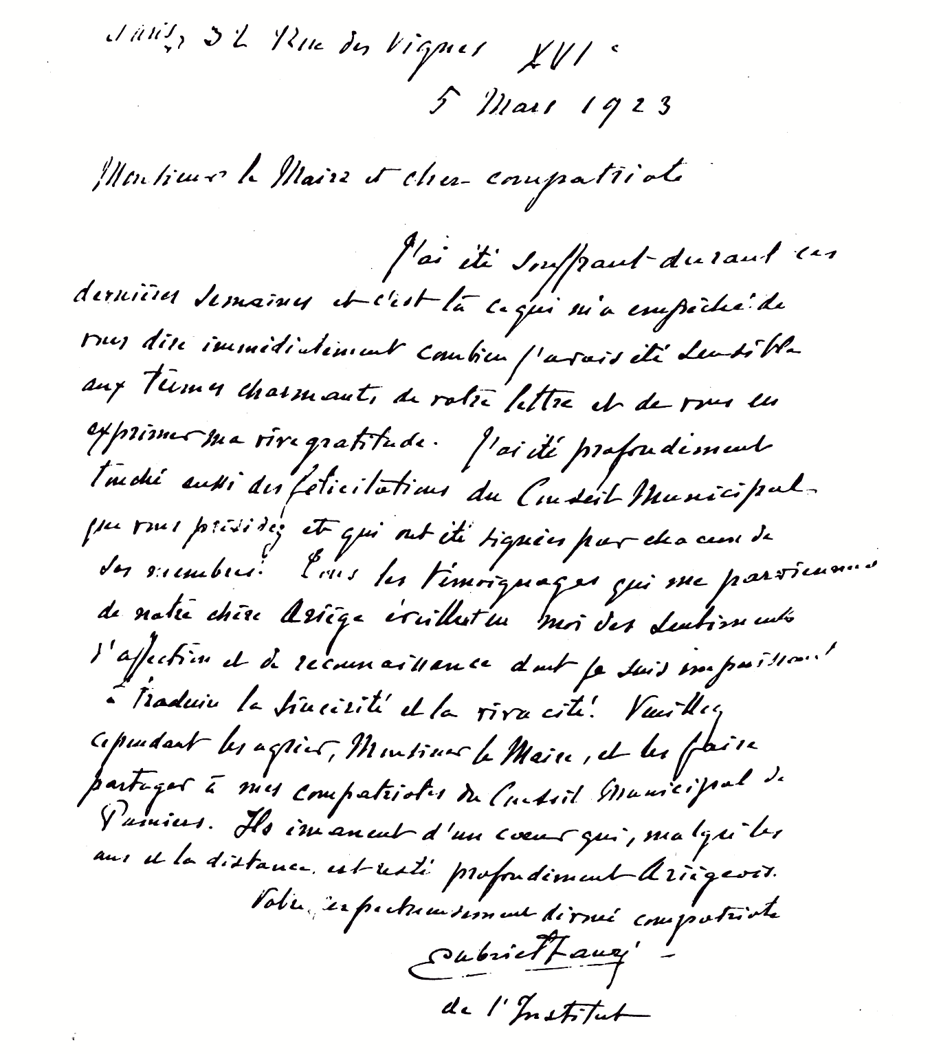 Lettre autographe de Gabriel Fauré à son compatriote le Docteur Joseph Rambaud, publiée avec l'aimable autorisation de Monsieur le Docteur Bareilles, Maire de Pamiers, à qui nous adressons ici nos remerciements reconnaissants.
